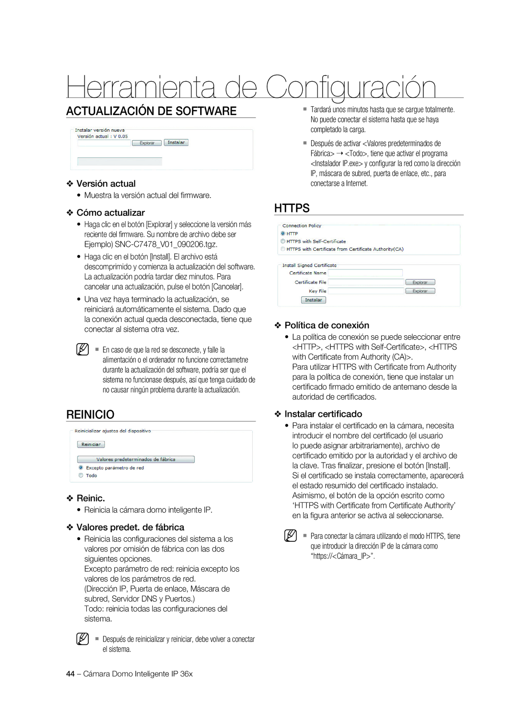 Samsung SNC-C7478P manual Actualización DE Software, Reinicio 