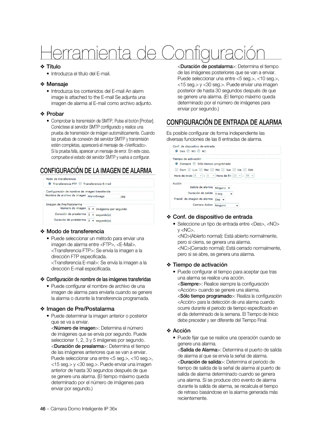 Samsung SNC-C7478P manual Título, Mensaje, Modo de transferencia, Imagen de Pre/Postalarma, Conf. de dispositivo de entrada 