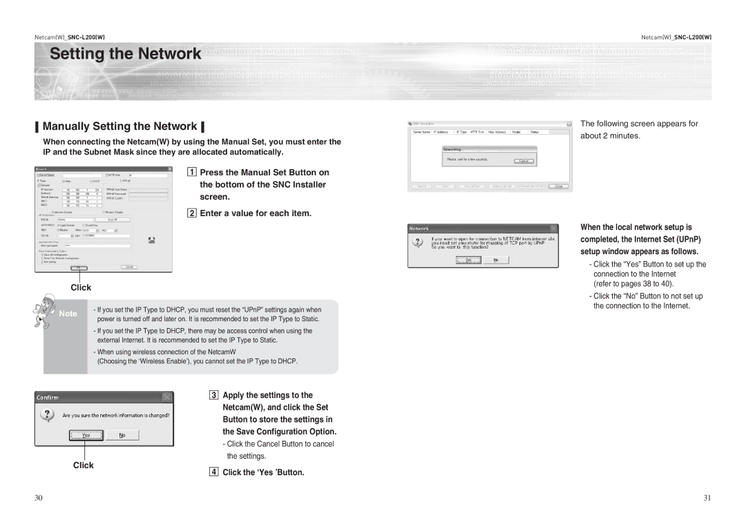 Samsung SNC-L200P manual Manually Setting the Network, Click the ‘Yes ’Button 