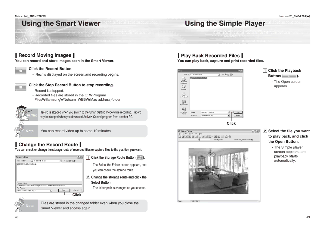 Samsung SNC-L200P manual Using the Smart Viewer Using the Simple Player, Record Moving Images, Play Back Recorded Files 