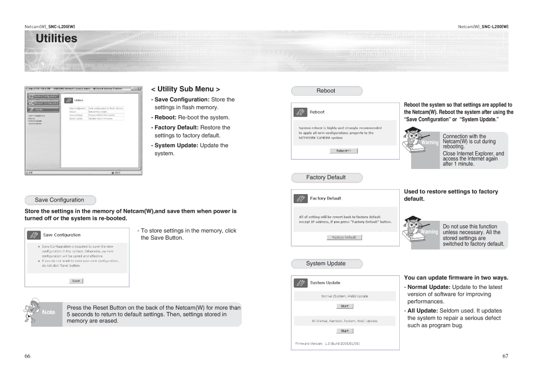 Samsung SNC-L200P manual Utilities, Save Configuration Store, Factory Default Restore, System Update Update 