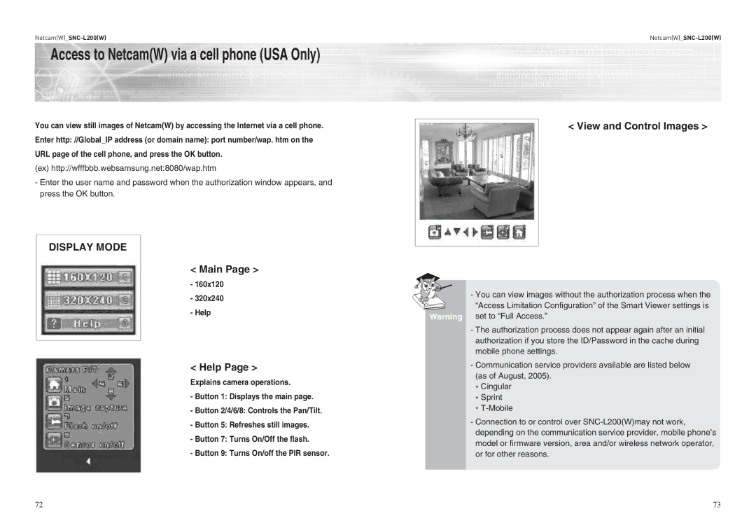 Samsung SNC-L200P manual Access to NetcamW via a cell phone USA Only, 160x120 320x240 Help 