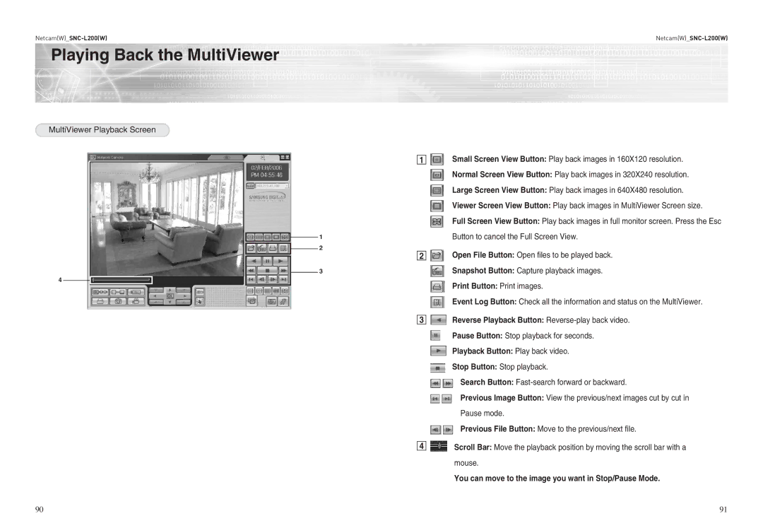 Samsung SNC-L200P manual Playing Back the MultiViewer, Reverse Playback Button Reverse-play back video 