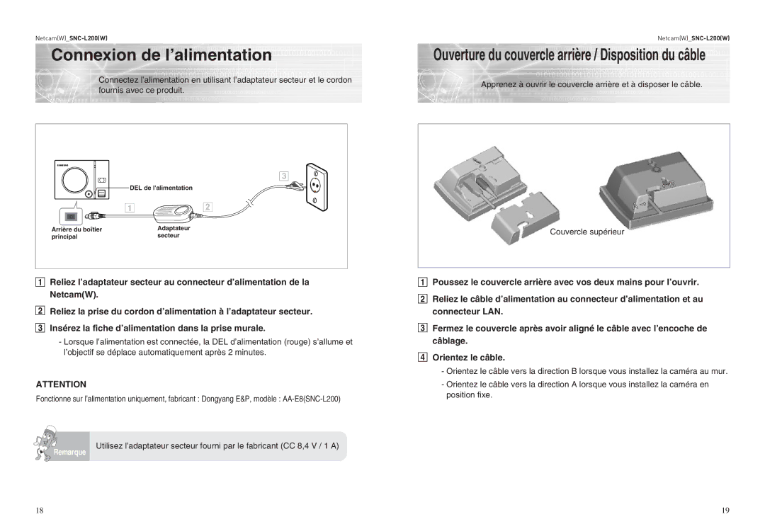 Samsung SNC-L200P manual Connexion de l’alimentation, Couvercle supérieur 