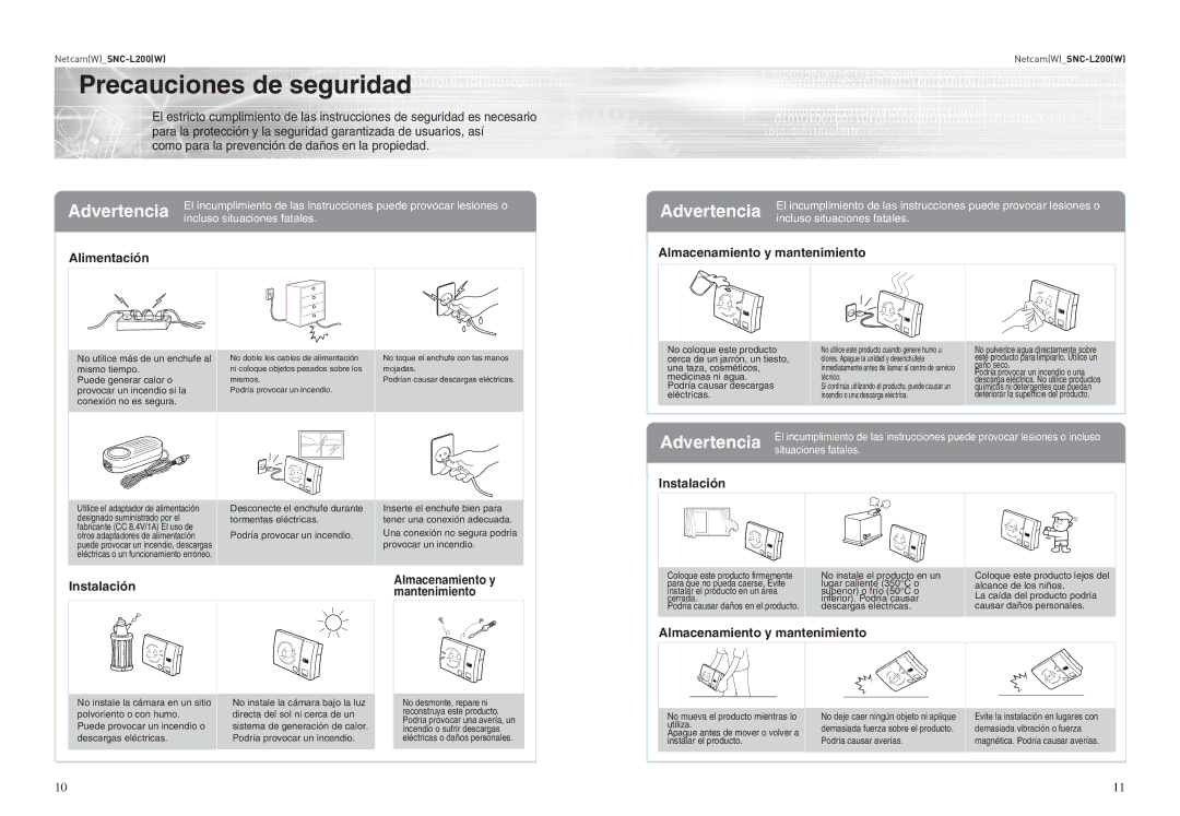 Samsung SNC-L200P manual Precauciones de seguridad, Alimentación, Instalación Almacenamiento y Mantenimiento 