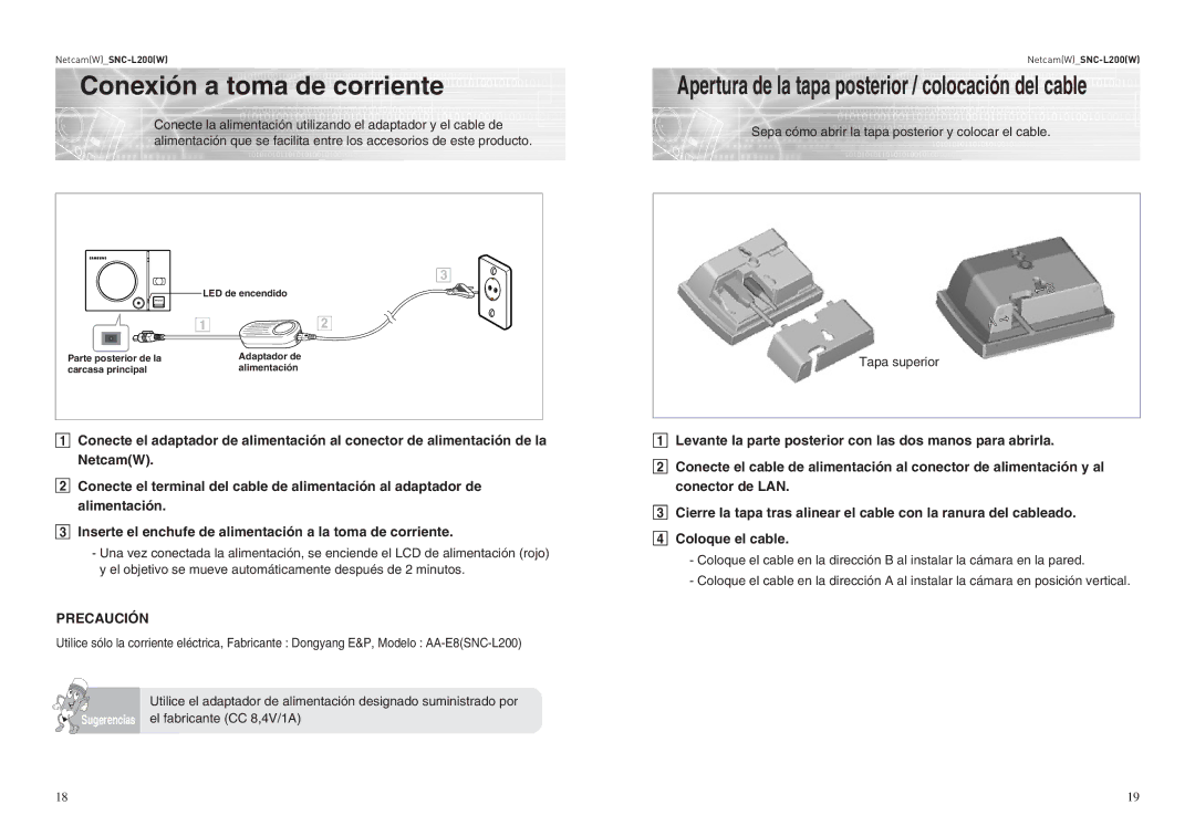 Samsung SNC-L200 manual Conexión a toma de corriente, Sepa cómo abrir la tapa posterior y colocar el cable, Tapa superior 