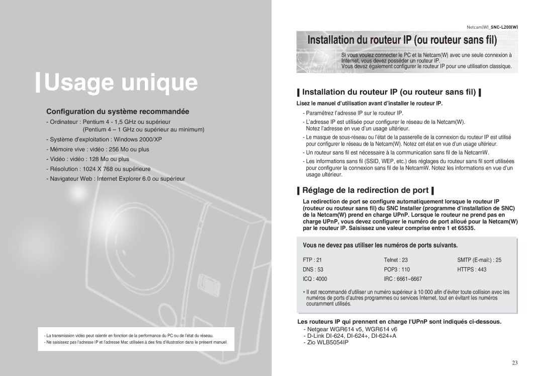 Samsung SNC-L200P manual Installation du routeur IP ou routeur sans fil, Réglage de la redirection de port, FTP Telnet 