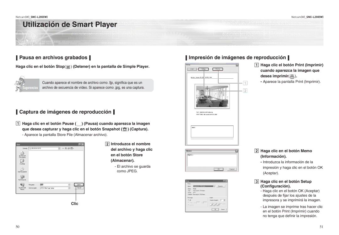 Samsung SNC-L200 Pausa en archivos grabados, Captura de imágenes de reproducción, Impresión de imágenes de reproducción 