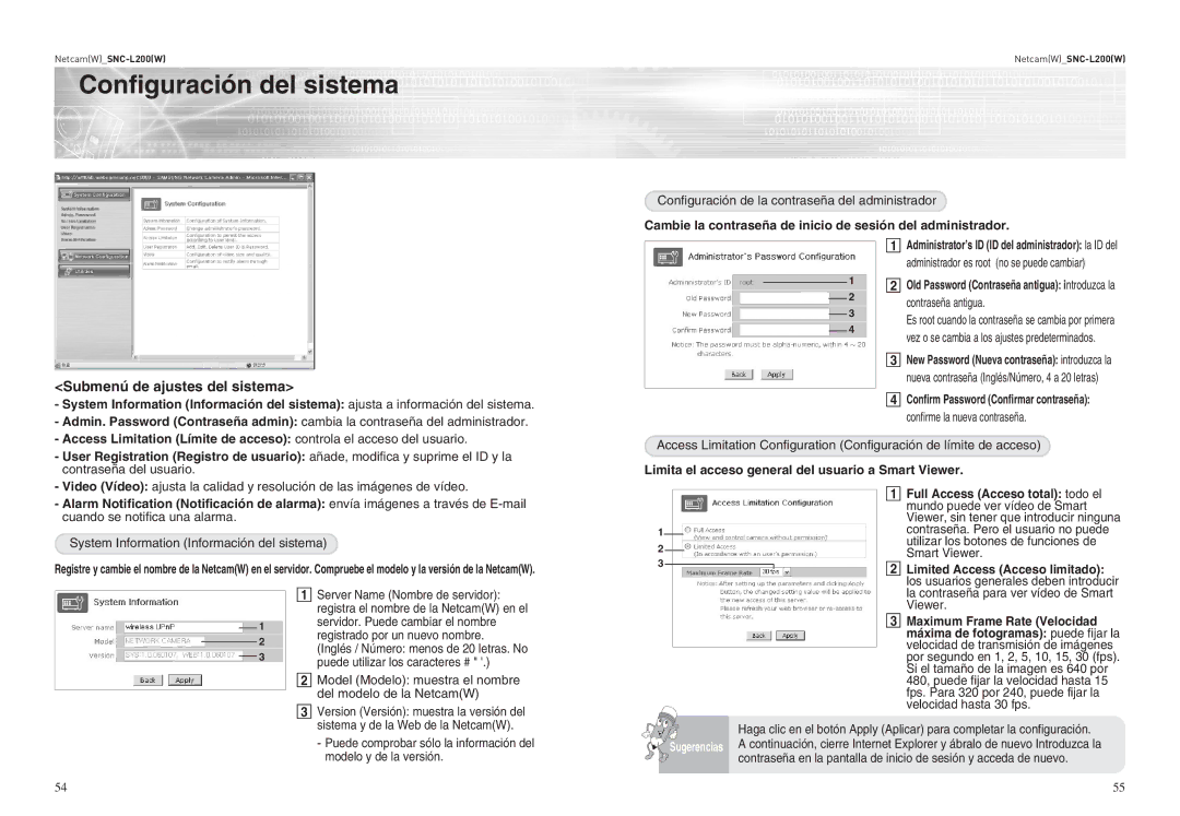 Samsung SNC-L200 Configuración del sistema, Submenú de ajustes del sistema, New Password Nueva contraseña introduzca la 