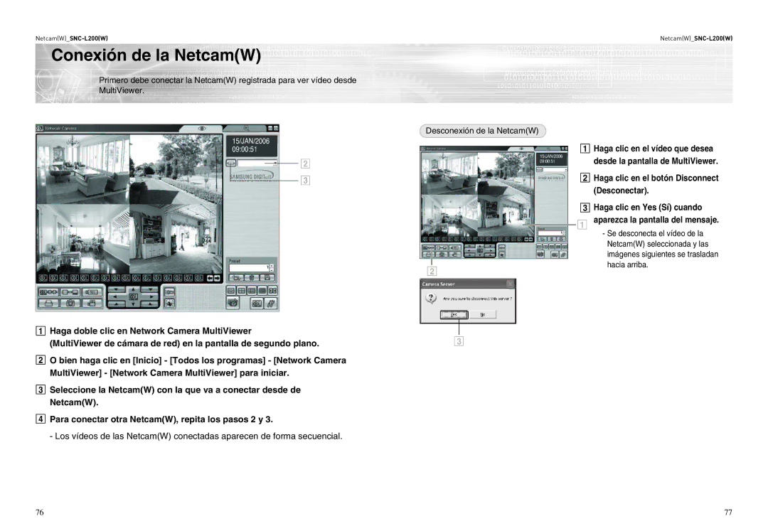 Samsung SNC-L200P manual Conexión de la NetcamW, Aparezca la pantalla del mensaje, Hacia arriba 