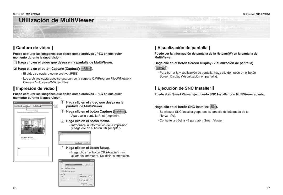 Samsung SNC-L200P manual Captura de vídeo Visualización de pantalla, Impresión de vídeo, Ejecución de SNC Installer 