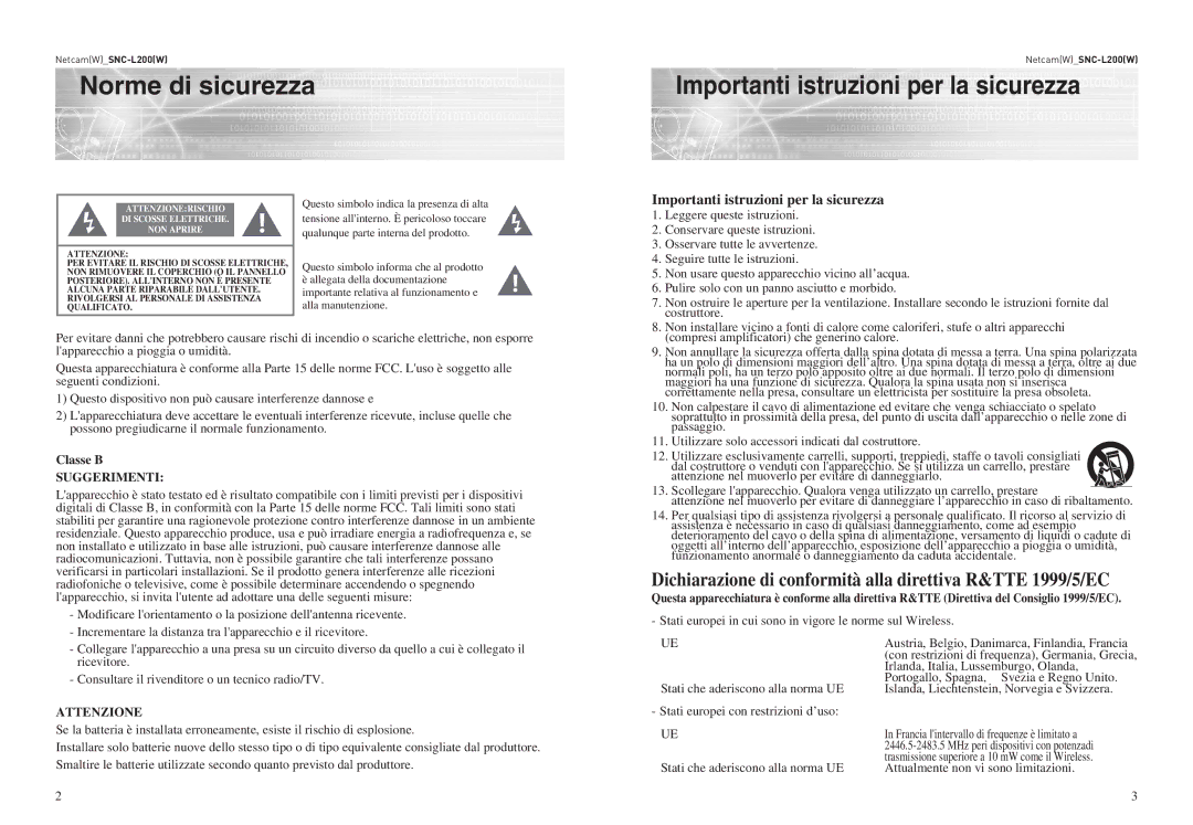 Samsung SNC-L200P manual Norme di sicurezza, Importanti istruzioni per la sicurezza 