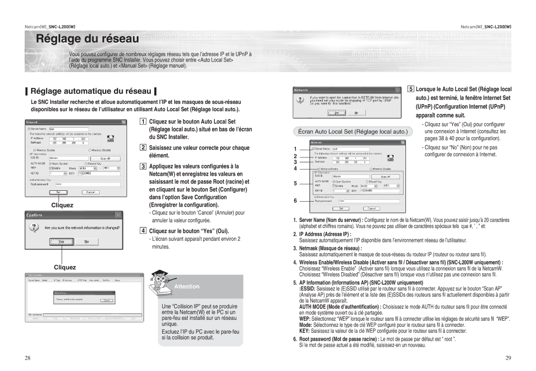 Samsung SNC-L200P manual Réglage du réseau, Réglage automatique du réseau 