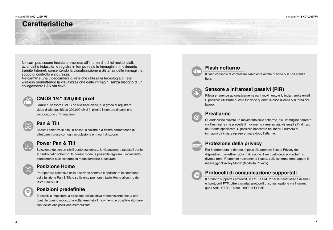 Samsung SNC-L200P manual Caratteristiche 