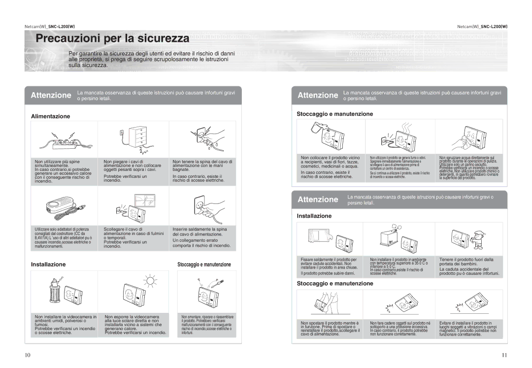 Samsung SNC-L200P manual Precauzioni per la sicurezza, Alimentazione, Installazione, Stoccaggio e manutenzione 