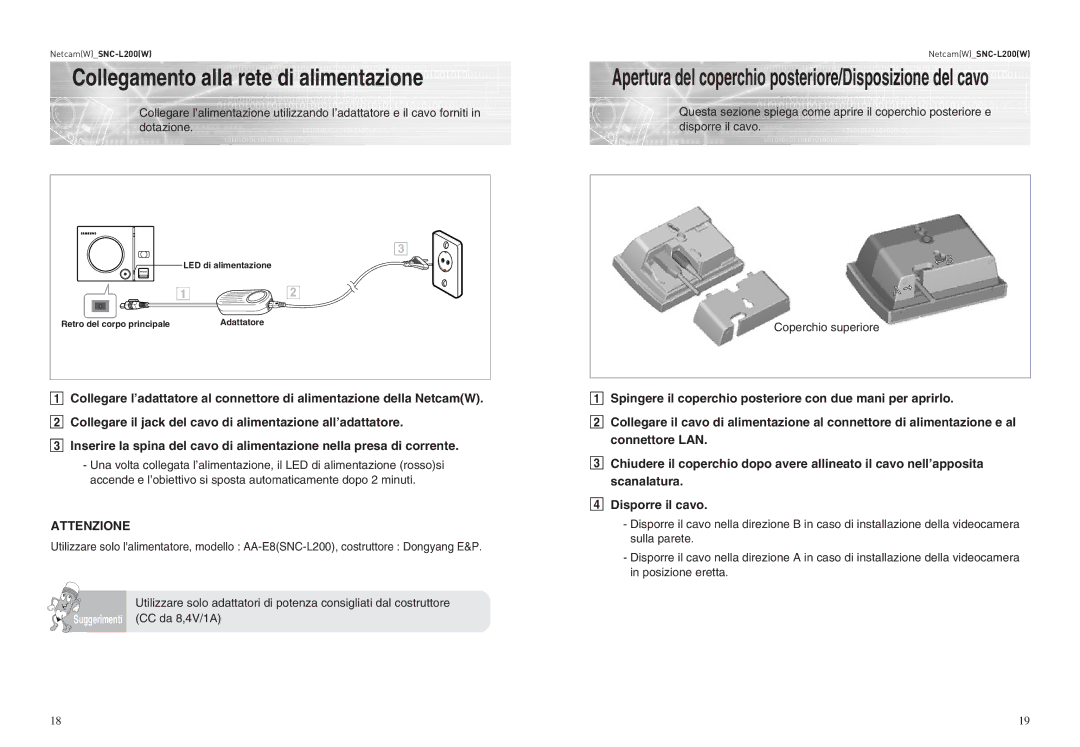 Samsung SNC-L200P manual Collegamento alla rete di alimentazione, Apertura del coperchio posteriore/Disposizione del cavo 