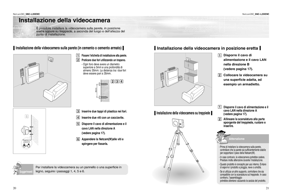 Samsung SNC-L200P manual Installazione della videocamera in posizione eretta 