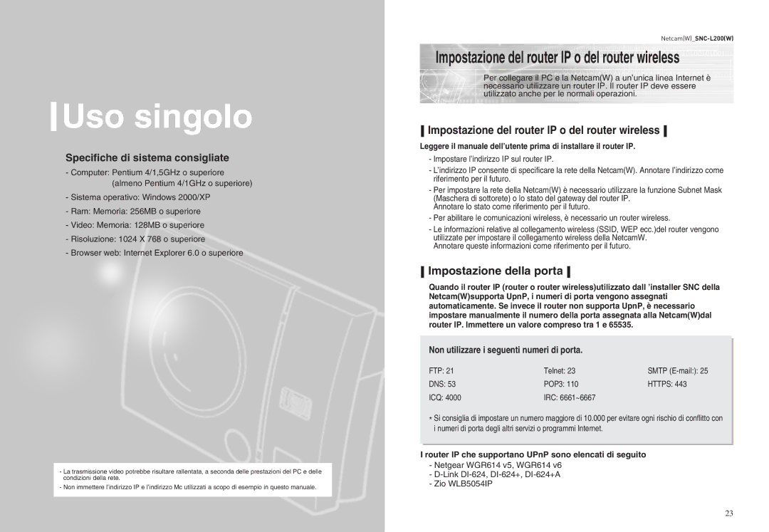 Samsung SNC-L200P manual Impostazione del router IP o del router wireless, Impostazione della porta 