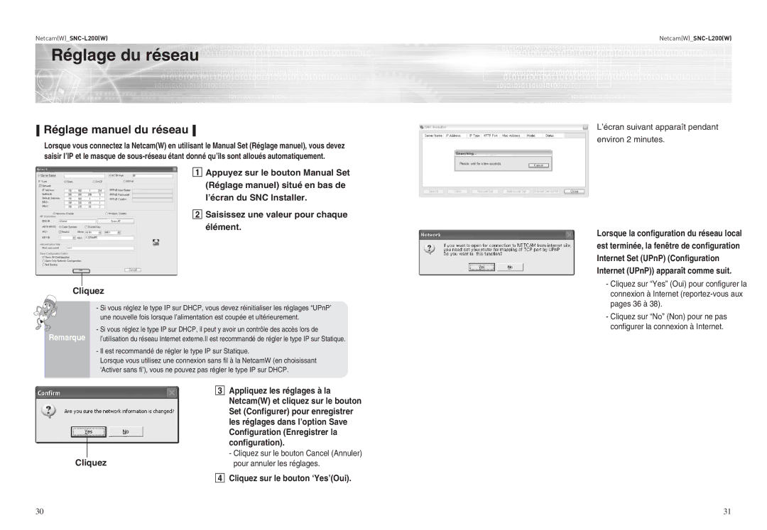 Samsung SNC-L200P manual Réglage manuel du réseau, ’écran suivant apparaît pendant Environ 2 minutes 