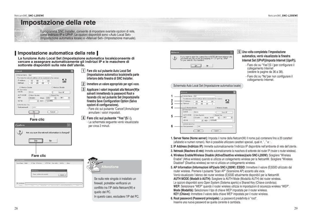 Samsung SNC-L200 Impostazione della rete, Impostazione automatica della rete, Fare clic Fare clic sul pulsante YesS ì 