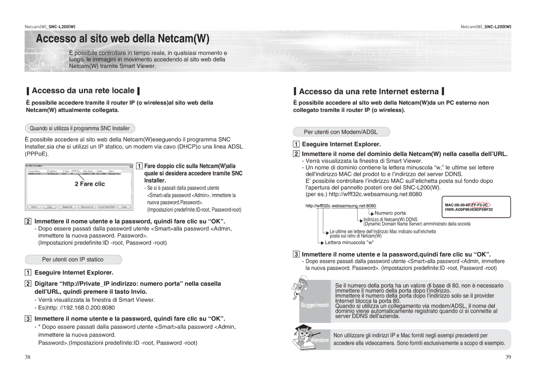 Samsung SNC-L200P Accesso al sito web della NetcamW, Accesso da una rete locale, Accesso da una rete Internet esterna 