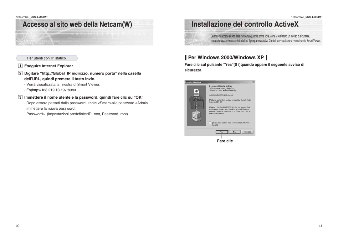 Samsung SNC-L200P manual Installazione del controllo ActiveX, Per Windows 2000/Windows XP 