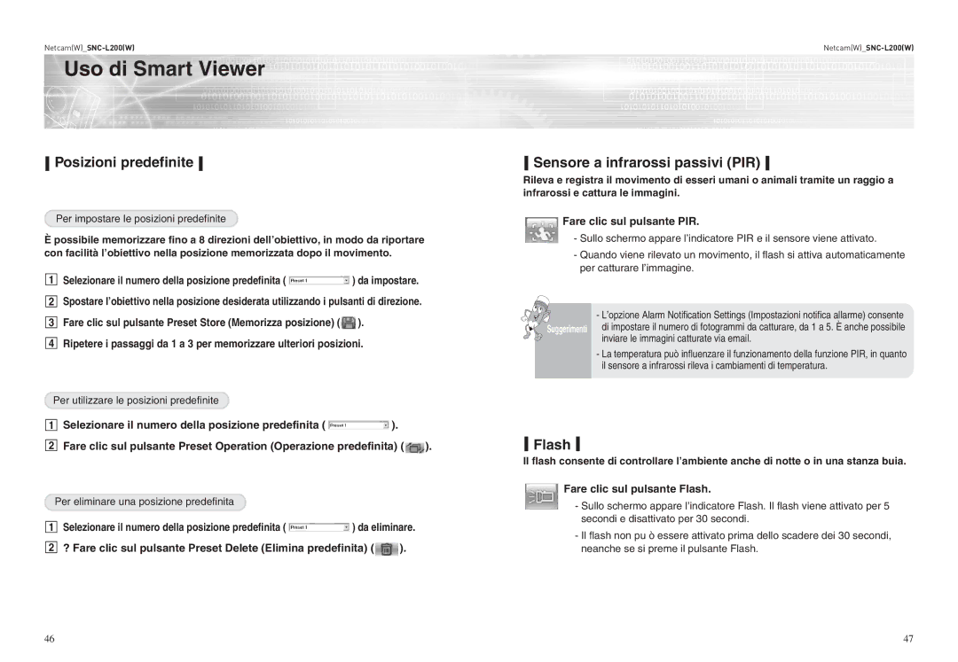 Samsung SNC-L200P manual Posizioni predefinite Sensore a infrarossi passivi PIR, Infrarossi e cattura le immagini 