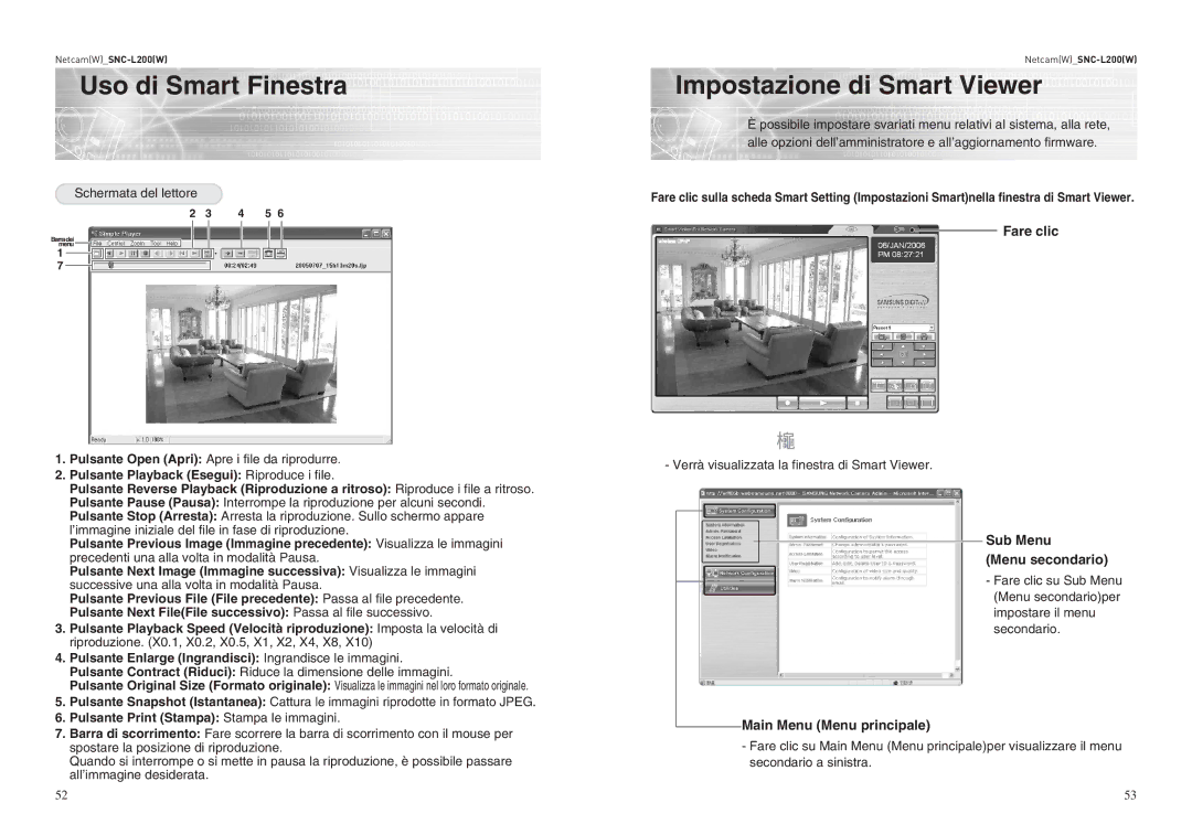 Samsung SNC-L200 manual Impostazione di Smart Viewer, Pulsante Print Stampa Stampa le immagini, Sub Menu Menu secondario 