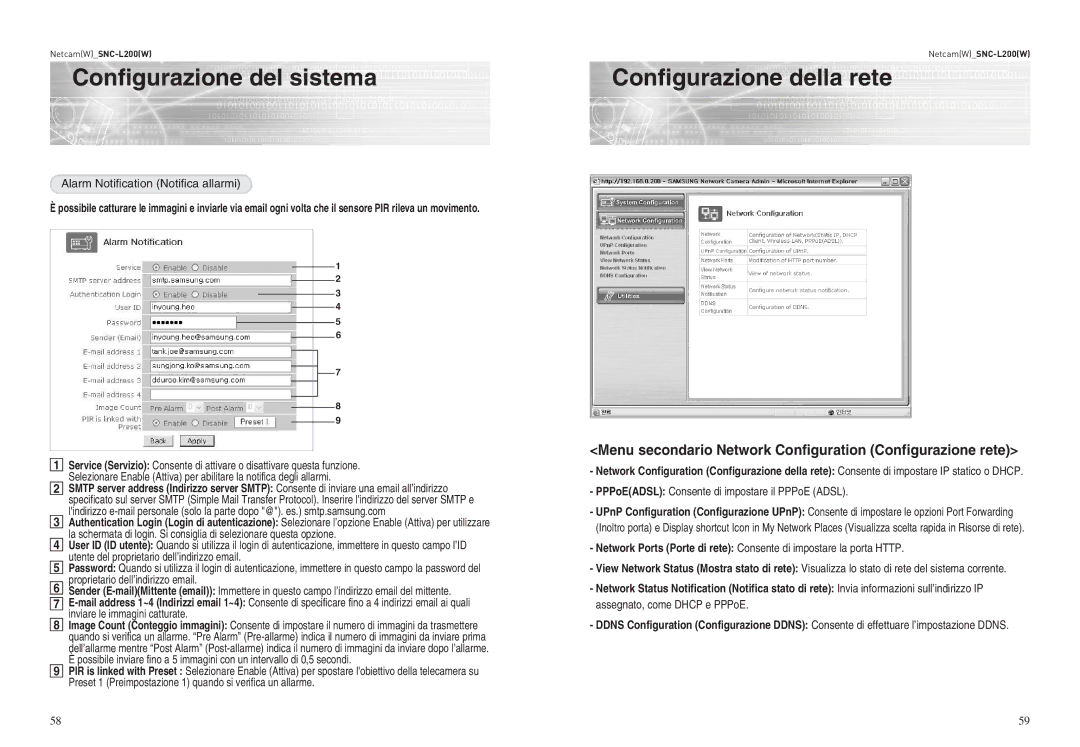 Samsung SNC-L200P manual Configurazione della rete, Alarm Notification Notifica allarmi 