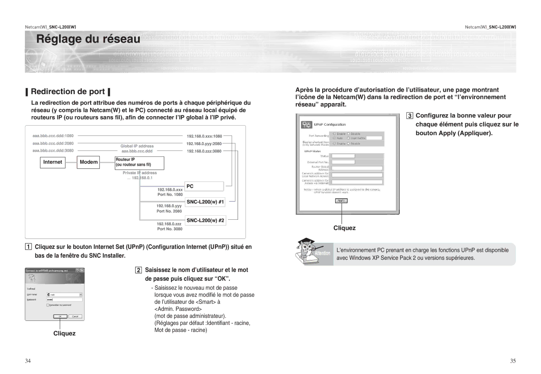 Samsung SNC-L200P manual Redirection de port, Avec Windows XP Service Pack 2 ou versions supérieures 