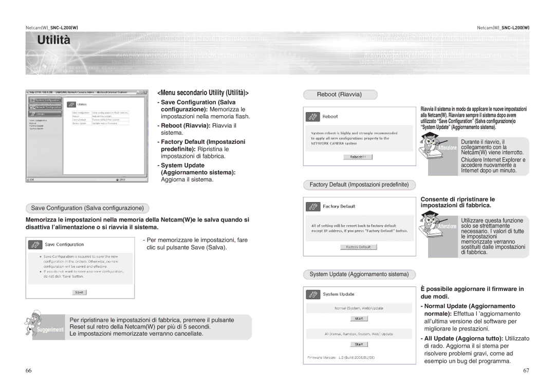 Samsung SNC-L200P Utilità, Save Configuration Salva configurazione, Reset sul retro della NetcamW per più di 5 secondi 
