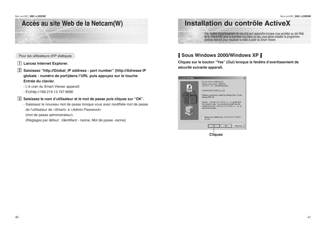 Samsung SNC-L200P manual Installation du contrôle ActiveX, Sous Windows 2000/Windows XP 