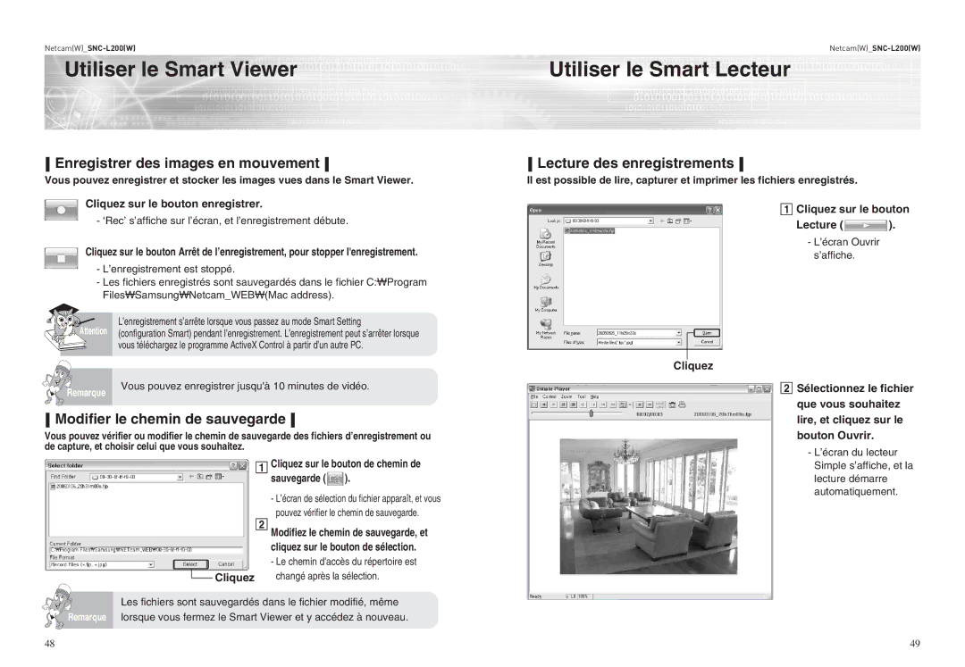 Samsung SNC-L200P manual Utiliser le Smart Viewer Utiliser le Smart Lecteur, Enregistrer des images en mouvement 