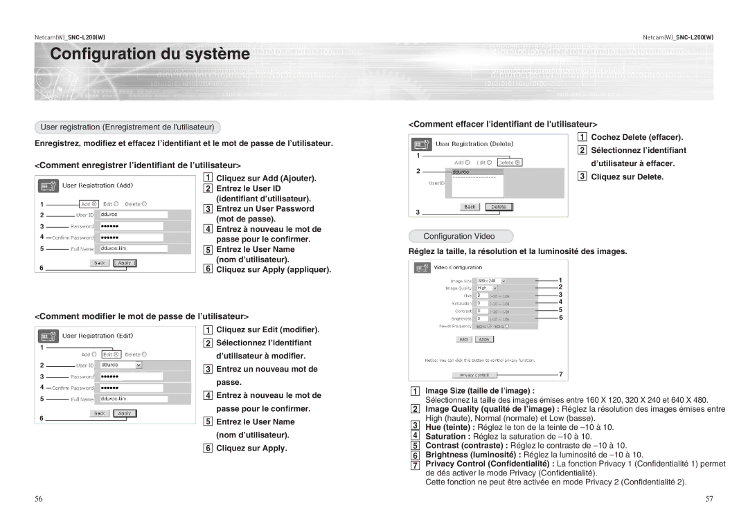 Samsung SNC-L200P manual User registration Enregistrement de lutilisateur, Entrez à nouveau le mot de Cliquez sur Delete 