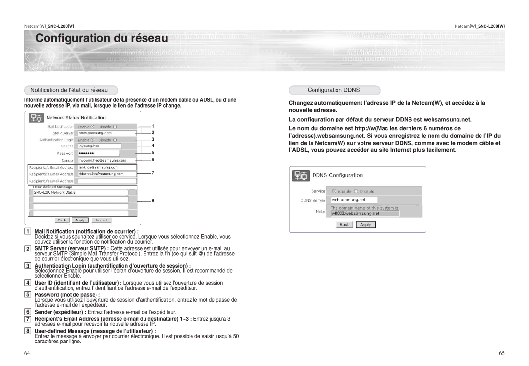 Samsung SNC-L200P manual Mail Notification notification de courrier, Password mot de passe 