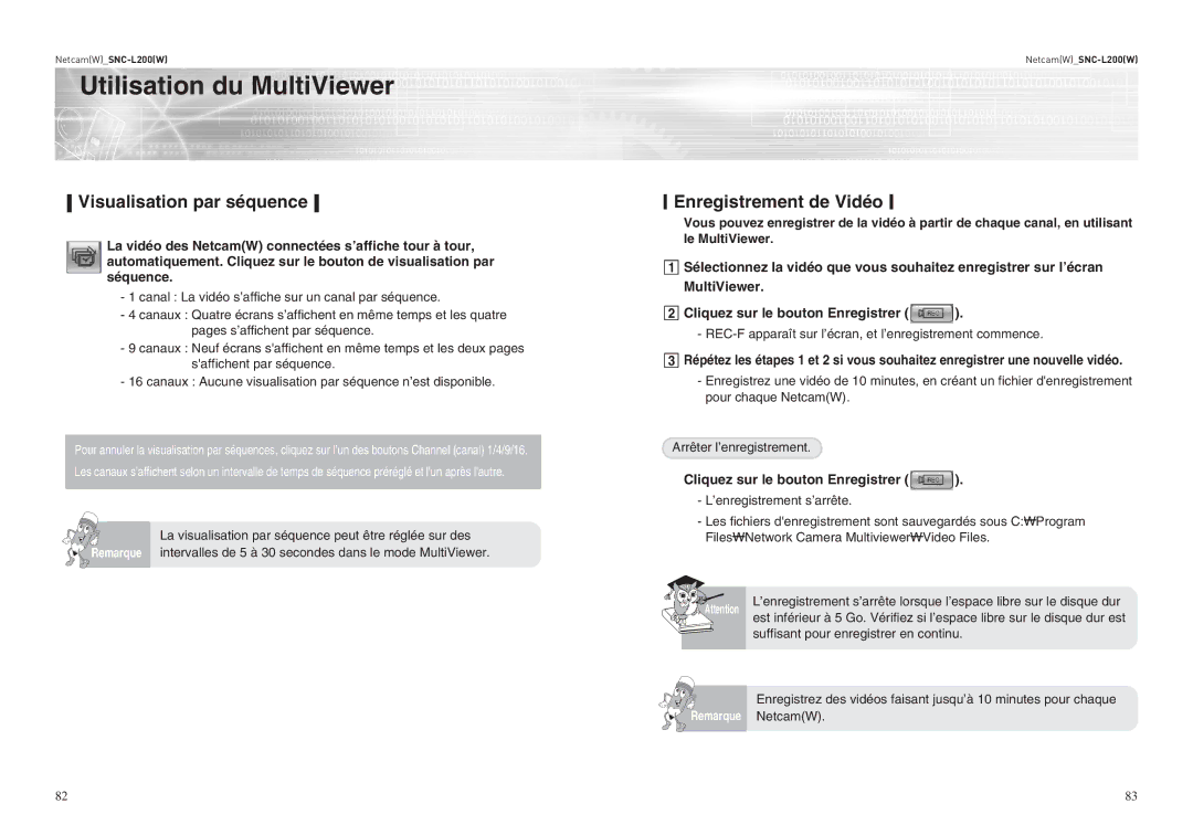 Samsung SNC-L200P manual Visualisation par séquence, Enregistrement de Vidéo, Suffisant pour enregistrer en continu 