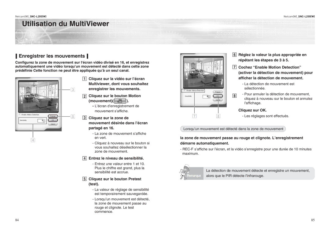 Samsung SNC-L200P Enregistrer les mouvements, Cliquez sur le bouton Motion Mouvement, Afficher la détection de mouvement 