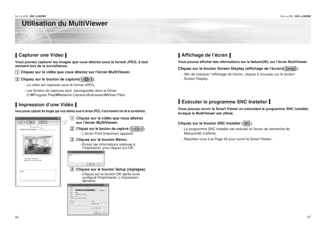 Samsung SNC-L200 Capturer une Video, Affichage de l’écran, Impression d’une Vidéo, Exécuter le programme SNC Installer 