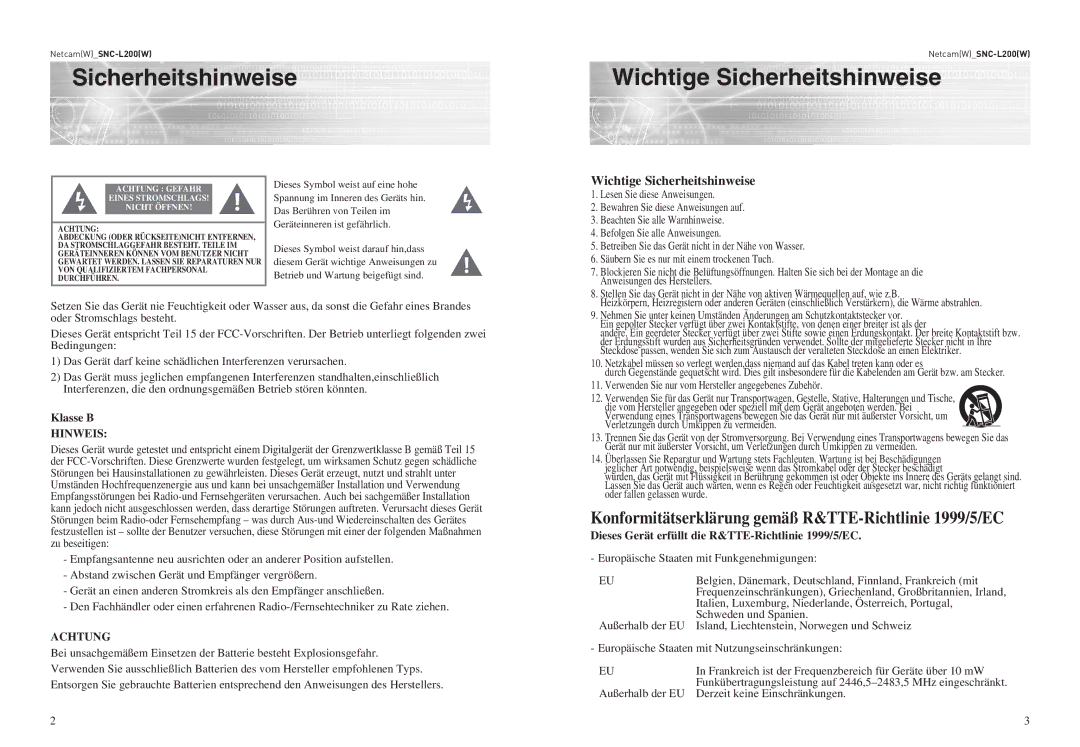 Samsung SNC-L200P manual Wichtige Sicherheitshinweise 