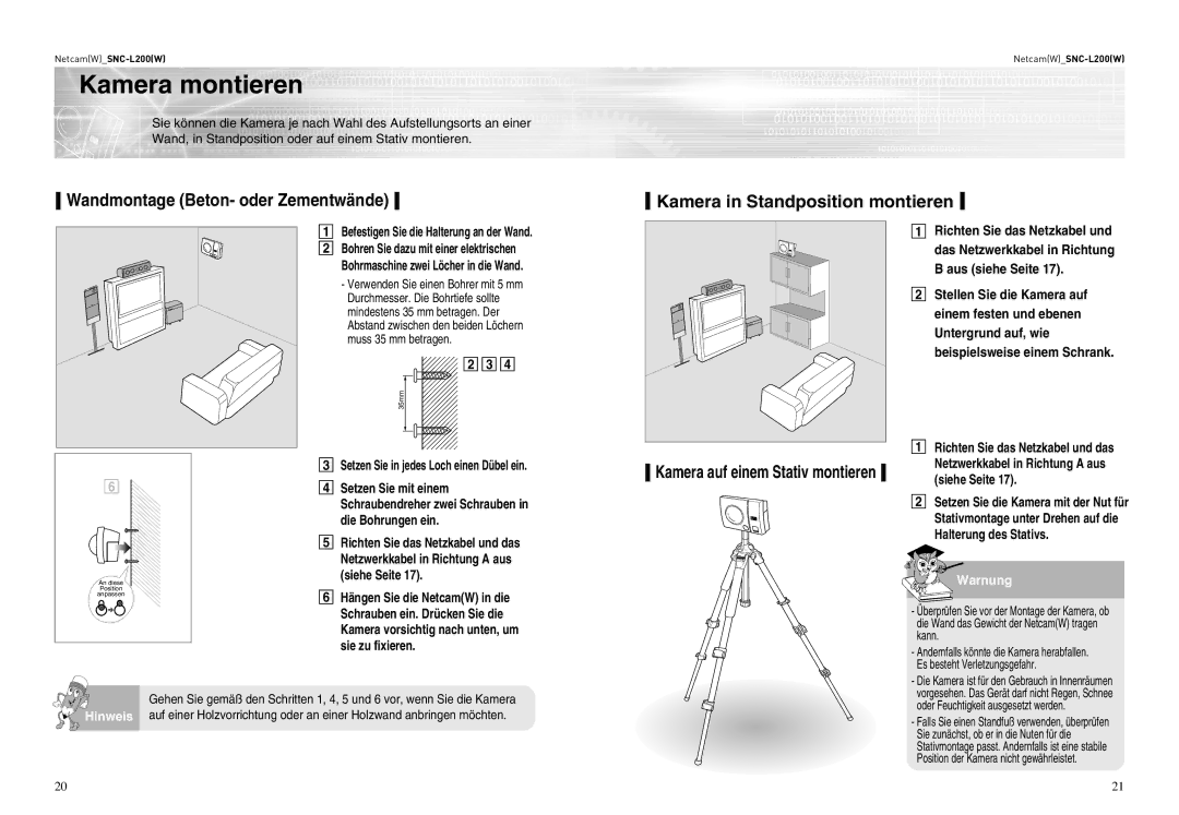 Samsung SNC-L200P manual Kamera montieren, Kamera auf einem Stativ montieren 