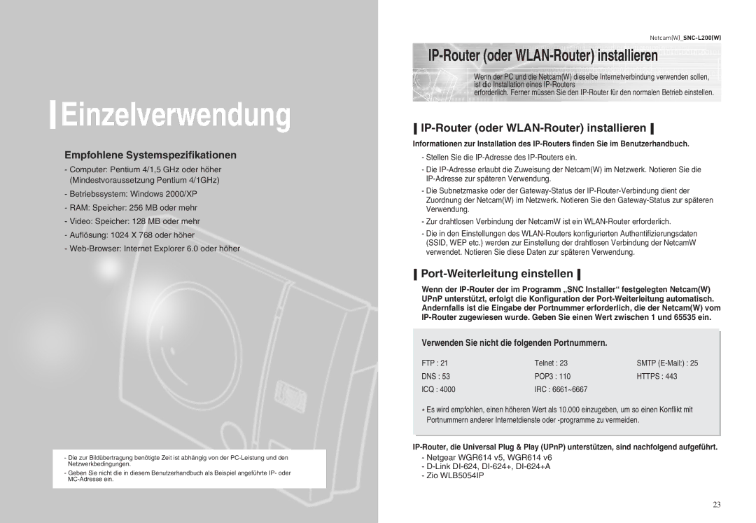 Samsung SNC-L200P IP-Router oder WLAN-Router installieren, Port-Weiterleitung einstellen, DNS POP3 Https ICQ IRC 6661~6667 