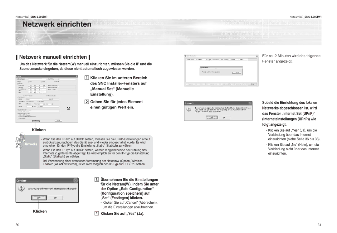 Samsung SNC-L200P manual Netzwerk manuell einrichten, Hinweis 