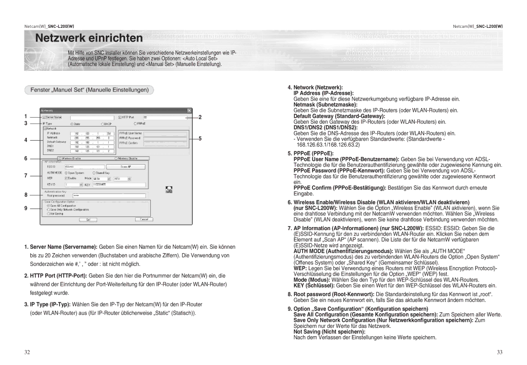 Samsung SNC-L200P manual Fenster „Manuel Set Manuelle Einstellungen, Network Netzwerk IP Address IP-Adresse 