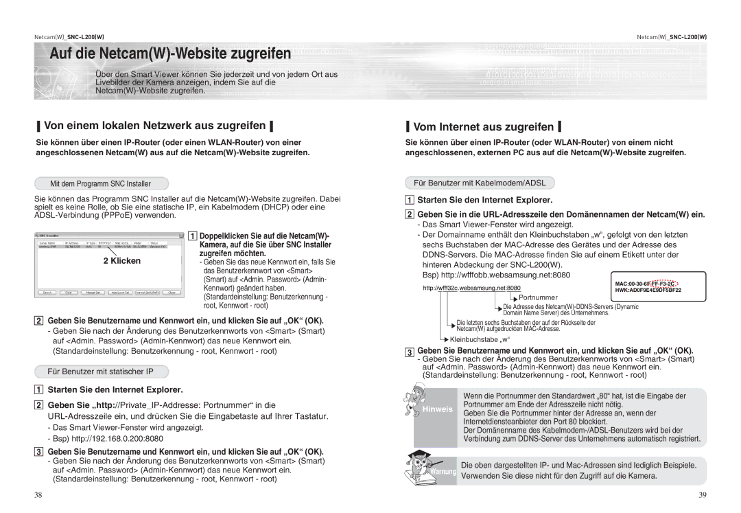 Samsung SNC-L200P Auf die NetcamW-Website zugreifen, Von einem lokalen Netzwerk aus zugreifen, Vom Internet aus zugreifen 