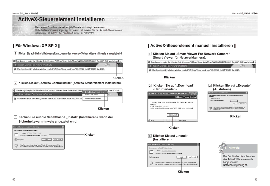 Samsung SNC-L200P manual Für Windows XP SP, ActiveX-Steuerelement manuell installieren 