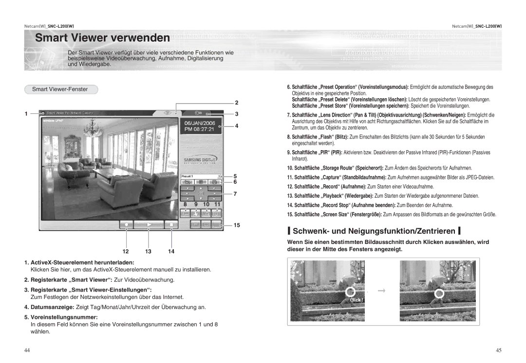 Samsung SNC-L200P manual Smart Viewer verwenden, Schwenk- und Neigungsfunktion/Zentrieren, Voreinstellungsnummer 