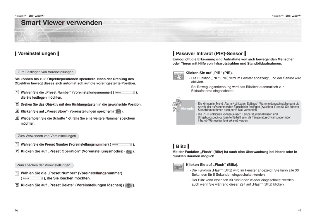 Samsung SNC-L200P manual Voreinstellungen Passiver Infrarot PIR-Sensor 