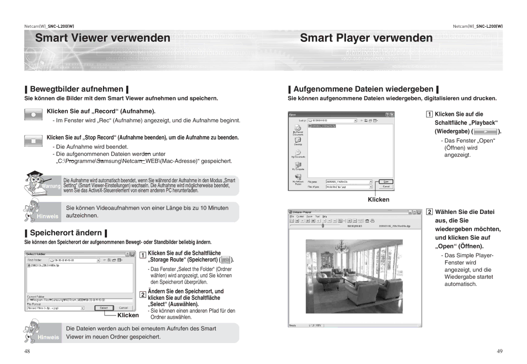 Samsung SNC-L200 Smart Viewer verwenden Smart Player verwenden, Bewegtbilder aufnehmen, Aufgenommene Dateien wiedergeben 