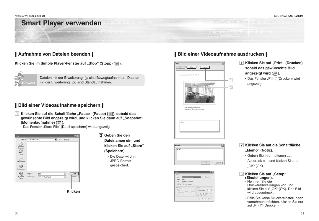 Samsung SNC-L200P Aufnahme von Dateien beenden, Bild einer Videoaufnahme speichern, Bild einer Videoaufnahme ausdrucken 