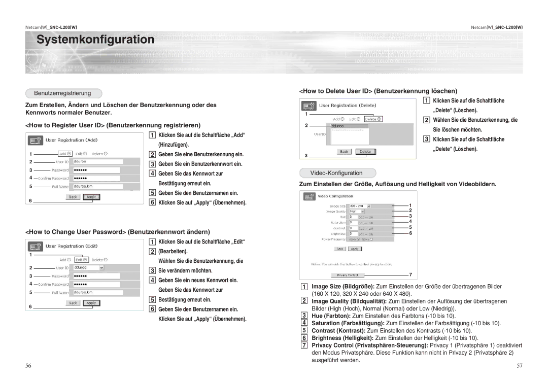 Samsung SNC-L200P manual Benutzerregistrierung, Geben Sie das Kennwort zur Bestätigung erneut ein, Video-Konfiguration 